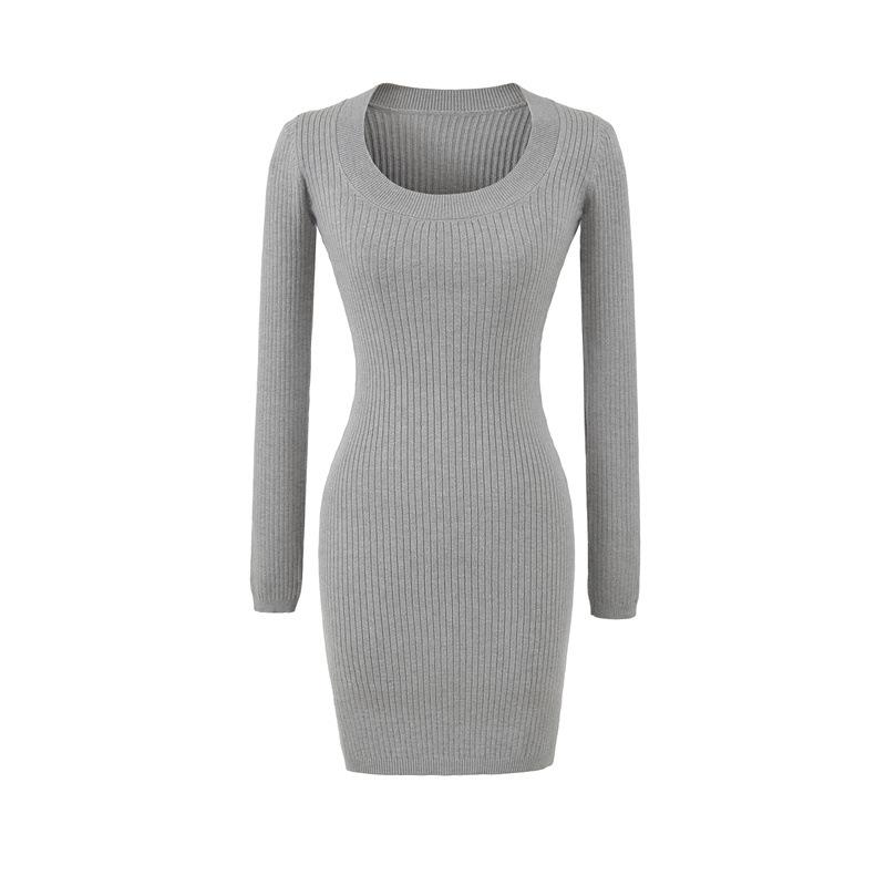 Korean Style U-Neck Knit Dress - Retro Slim Fit, Hip-Hugging Mini Skirt Small серый