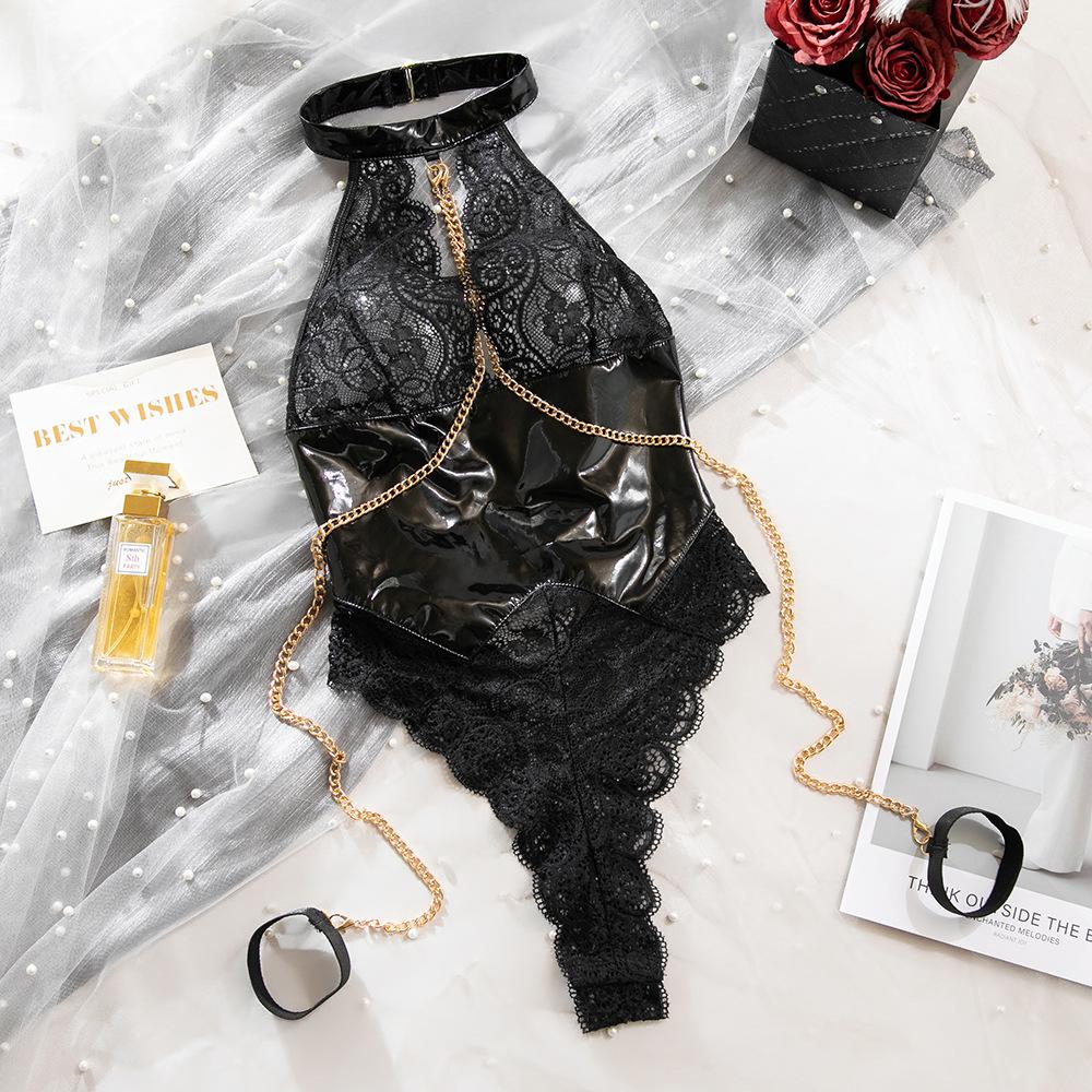 Industrial Sexy Black Lace PVC Bodysuit Halter Chain High Cut Teddy 2026 Goth Punk Leather Look Lingerie OEM Support