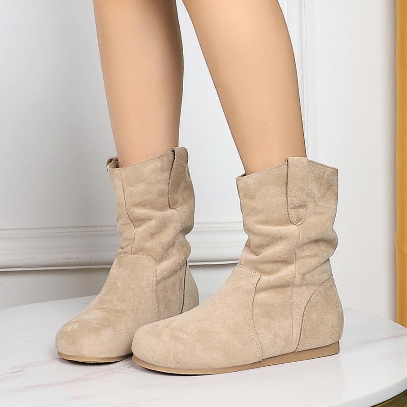 Suede short boots, women's pleated pile boots, round toe winter western denim fashionable women's boots