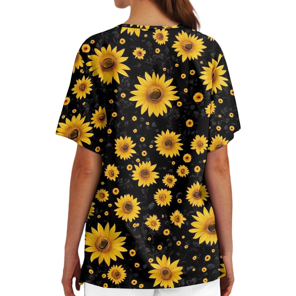 Women Floral Print V Neck Scrub Top with Pockets Side Slits Short Sleeve Medical Uniform Shirt for Healthcare Professionals