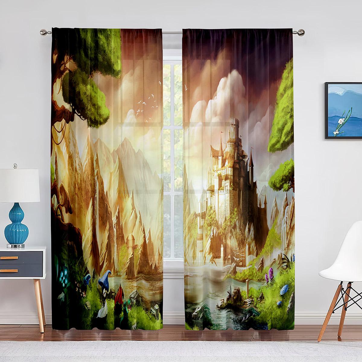 

Фэнтезийный лес, фея, эльфийское королевство, эльфийский домик на дереве, прозрачная вуаль, занавеска для гостиной, спальни, декор, кухонное окно, тюлевая занавеска 1 PCS W100XH250cm&Grommet Top