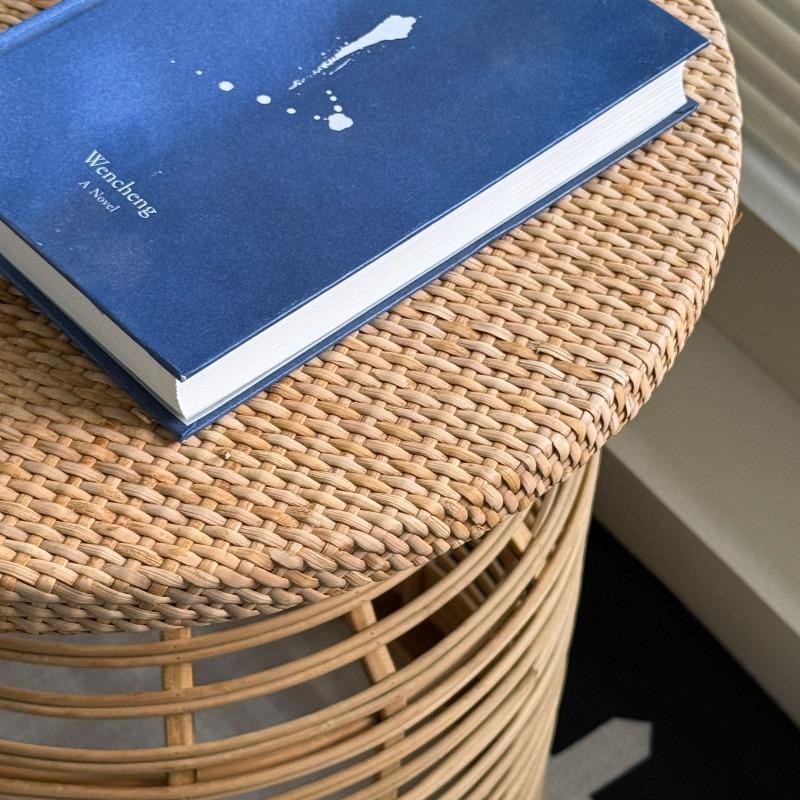 Handwoven Rattan Bamboo Storage Side Table, French Countryside Nightstand, Accent End Table - Boho Rustic Farmhouse Decor