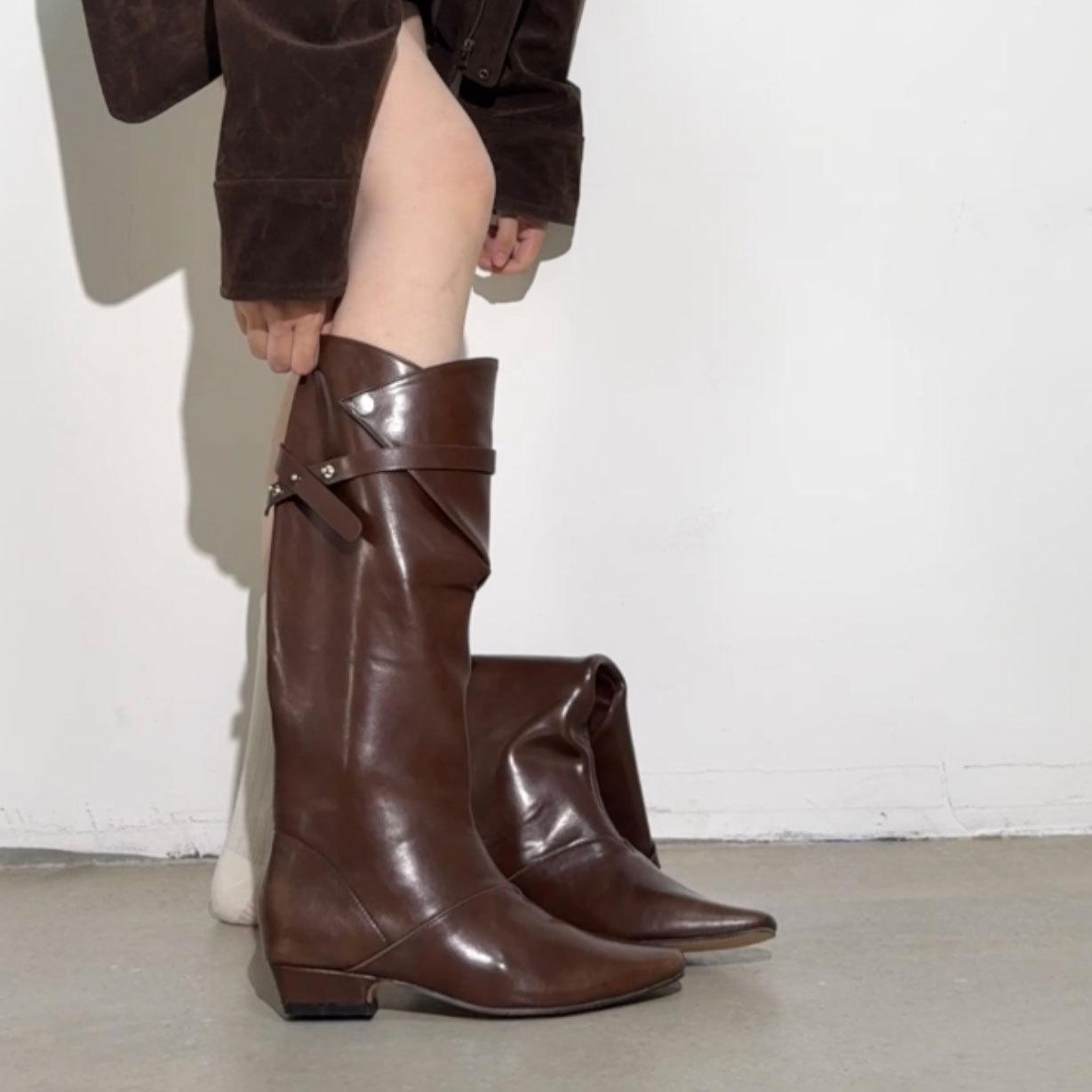 

Версия из овчины~ Модная пряжка ремня, остроносые рыцарские ботинки, женские осенне-зимние, янтарные стримеры, до колена, толстый каблук, высокие сапоги 40 темно-коричневого