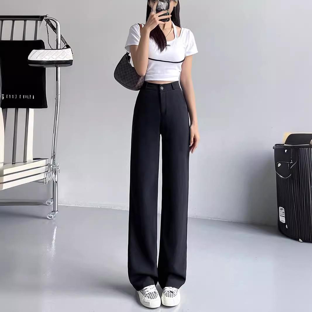 

Женские летние 2024 брюки с высокой посадкой, стройнящие, черные, широкие от бедра XXXL