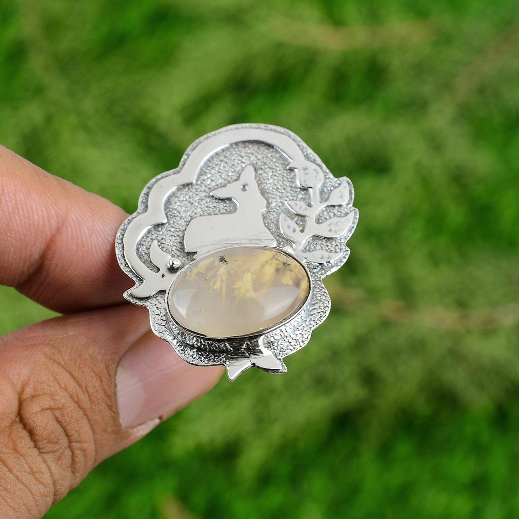 Oval Plume Agate Stone Daughter Bezel Stackable Statement Ethnic Ring 925 Silver
