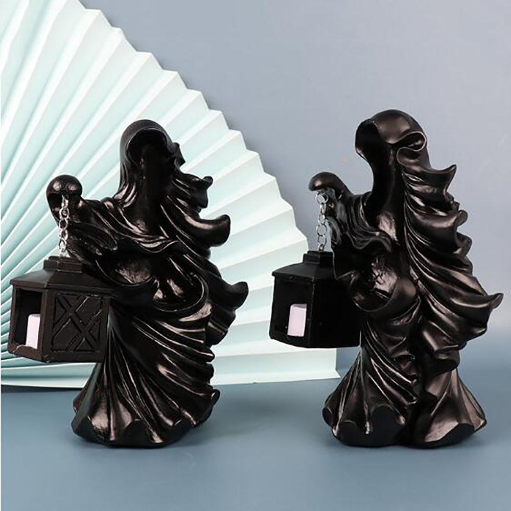 Ghost Statue W/ Light Black Resin Statue Halloween Decor Garden Yard Decoration