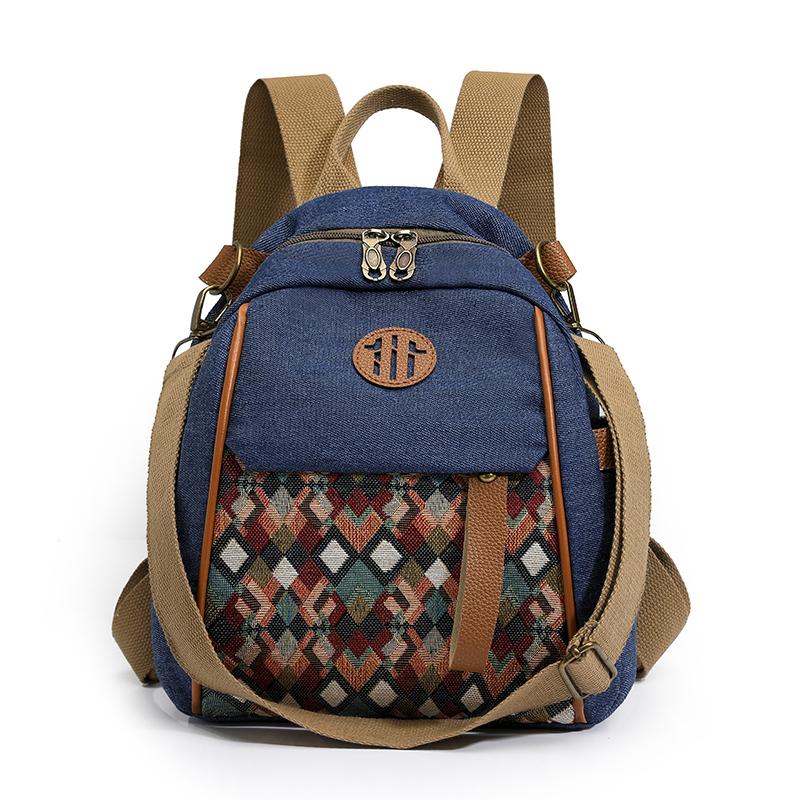 Vintage Color Block Backpack Ethnic Embroidery Shoulder Bag Large Capacity Backpack