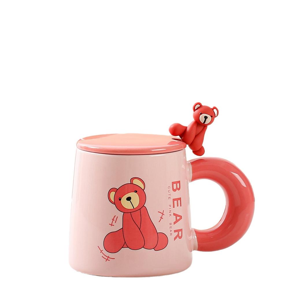 Cute Cartoon Ceramic Cup Pink Bear Mug with Lid Spoon High Looking Girl Drinking Water Cup Office Coffee Cup