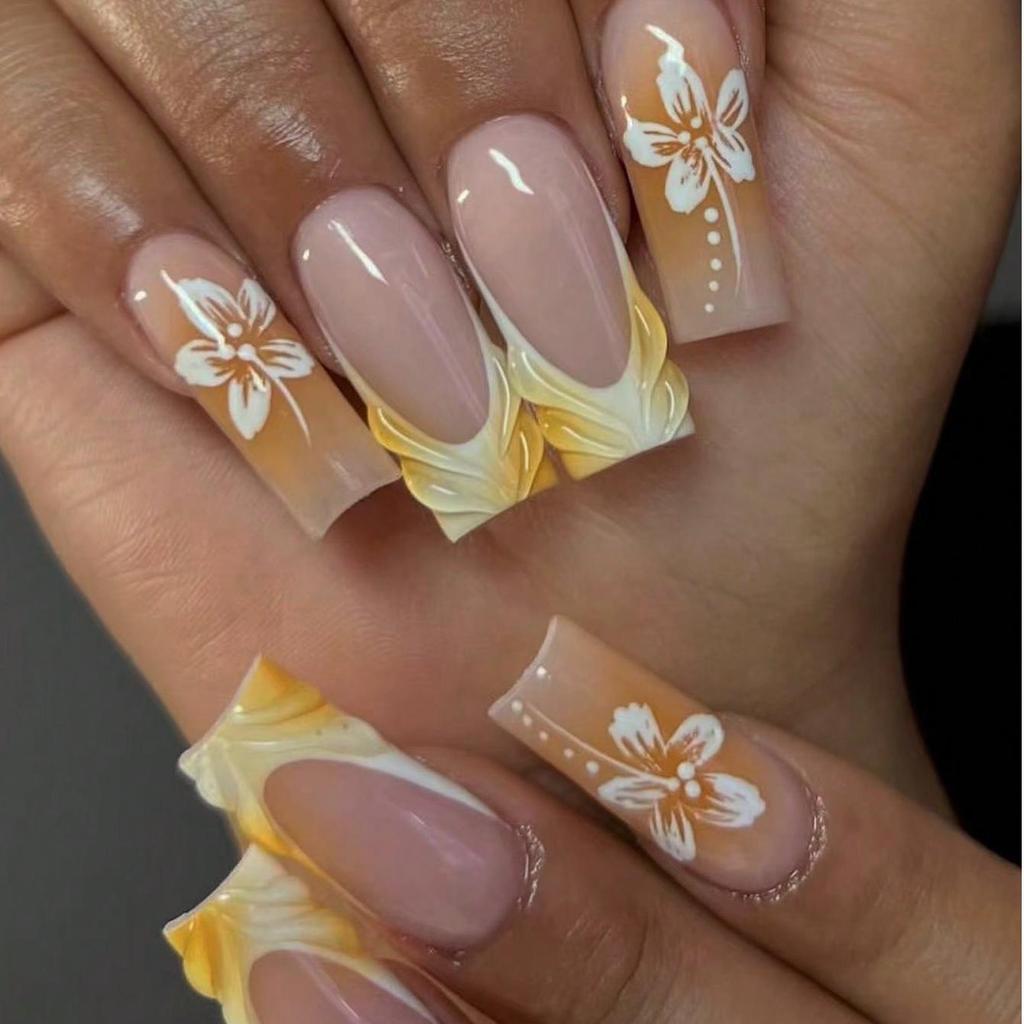 24Pcs Blue French Press On Nails With 3D Carved Flower Leopard Print Square False Nails For Women