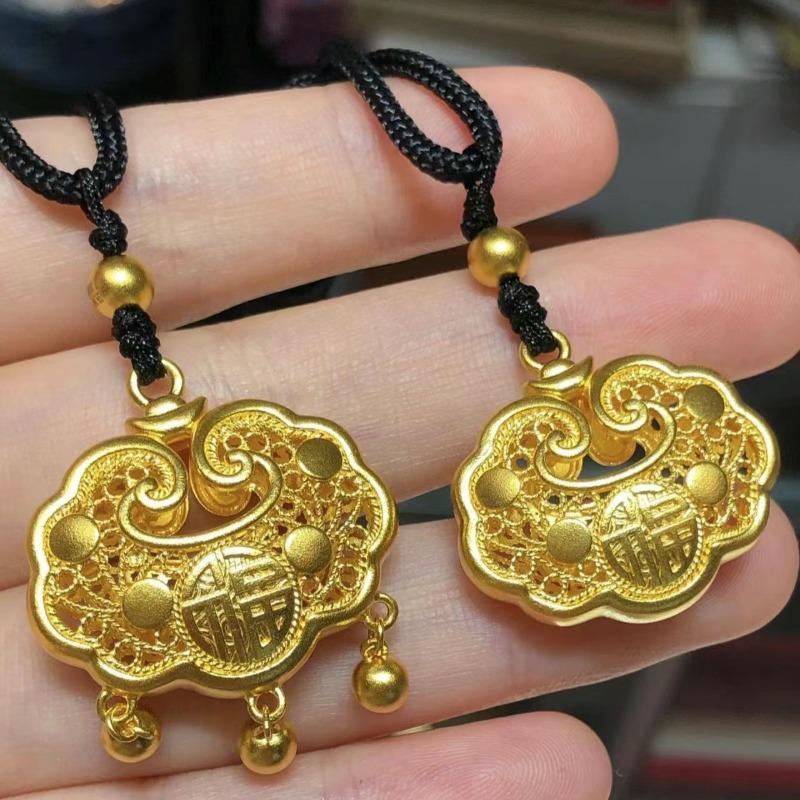 Silver Lock Safety Lock Silver Necklace Female Guochao Bell Hollow Long Life Lock Pendant Versatile