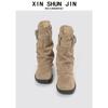 British Style Short Boots Slim Women'S Autumn New Thick Heel Round Head Strap Pants Tube Boots Locomotive Boots Pleated Pile Boots