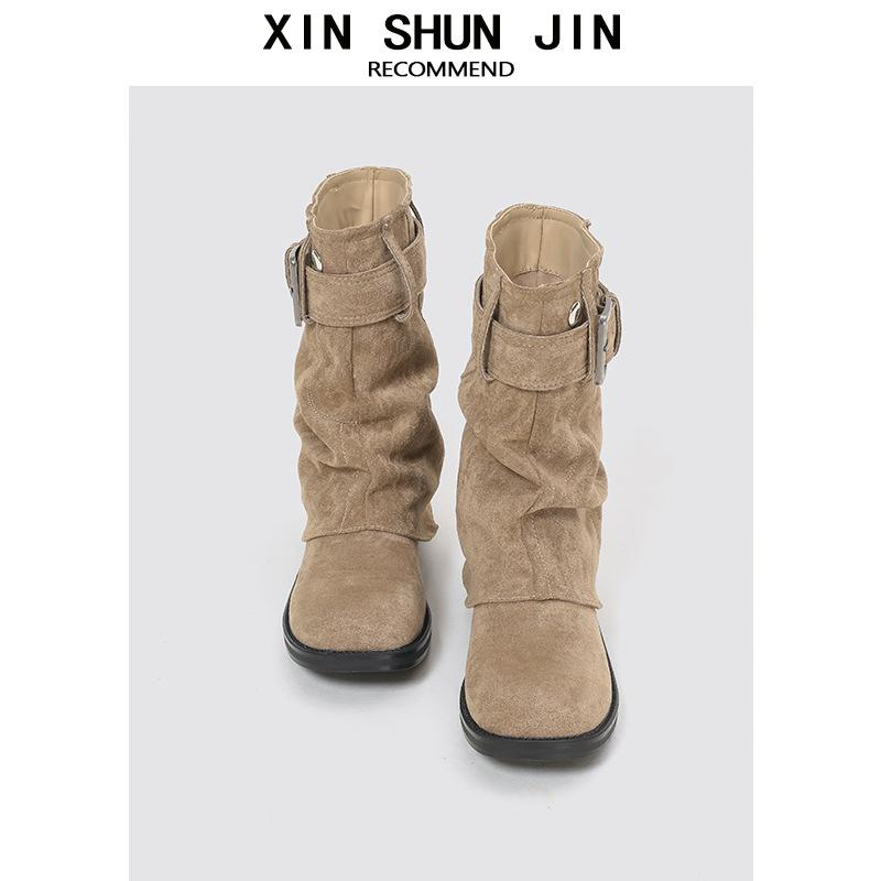 British Style Short Boots Slim Women'S Autumn New Thick Heel Round Head Strap Pants Tube Boots Locomotive Boots Pleated Pile Boots