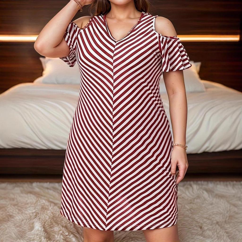 2025 Summer Women's Plus Size Off-the-Shoulder Striped Casual Dress