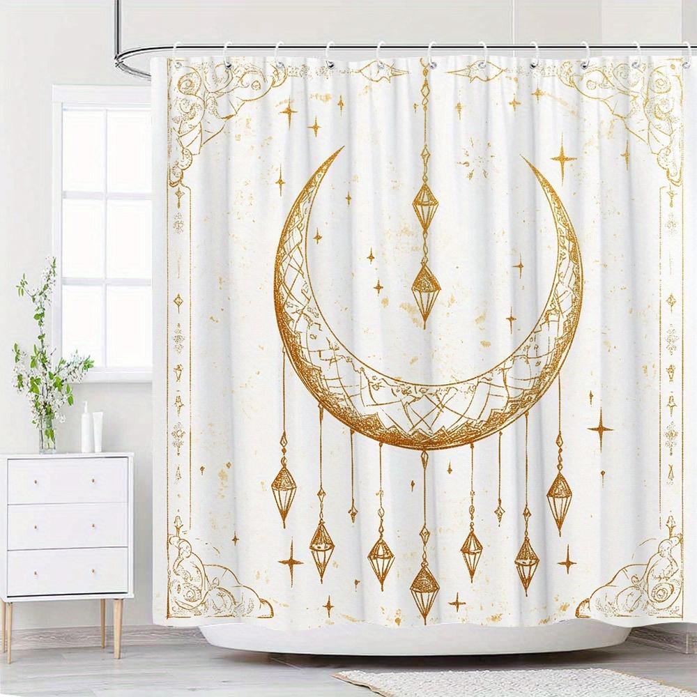 

1Pc Minimalist Geometric Moon & Lanterns Shower Curtain - Golden Crescent Design With Diamond Lanterns, Symmetrical Border, Back W60H190(CM)-1 Pcs