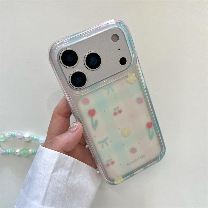 Semi-Transparent Green & Pink Plaid with Tulip & Strawberry Design Phone Case for iPhone 14/15/16 Pro Max/17