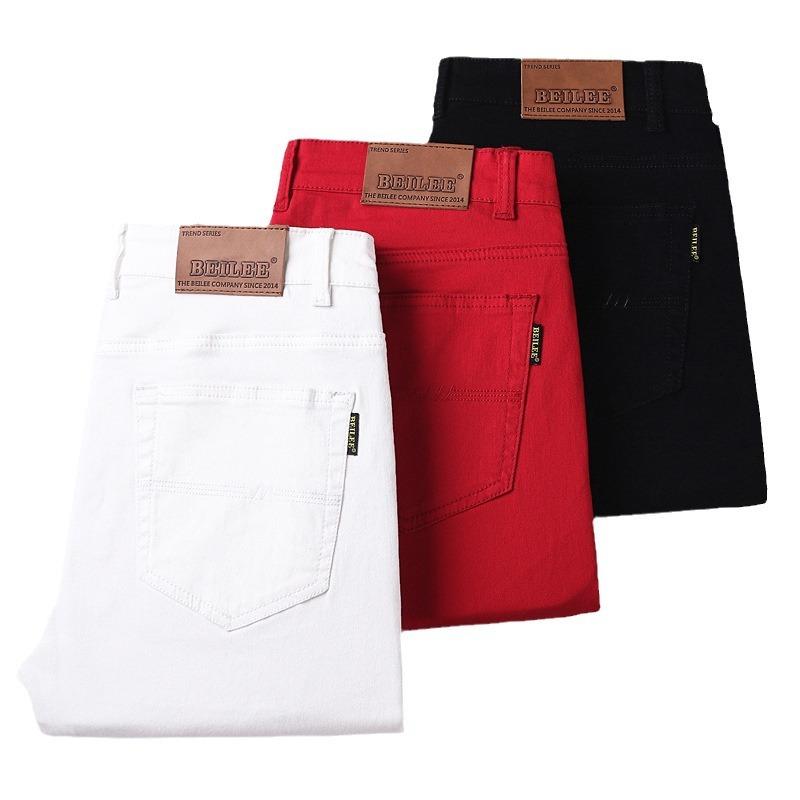 Cotton Casual Trousers Men's Four Seasons Models Slim Small Straight Stretch Red Jeans Trousers