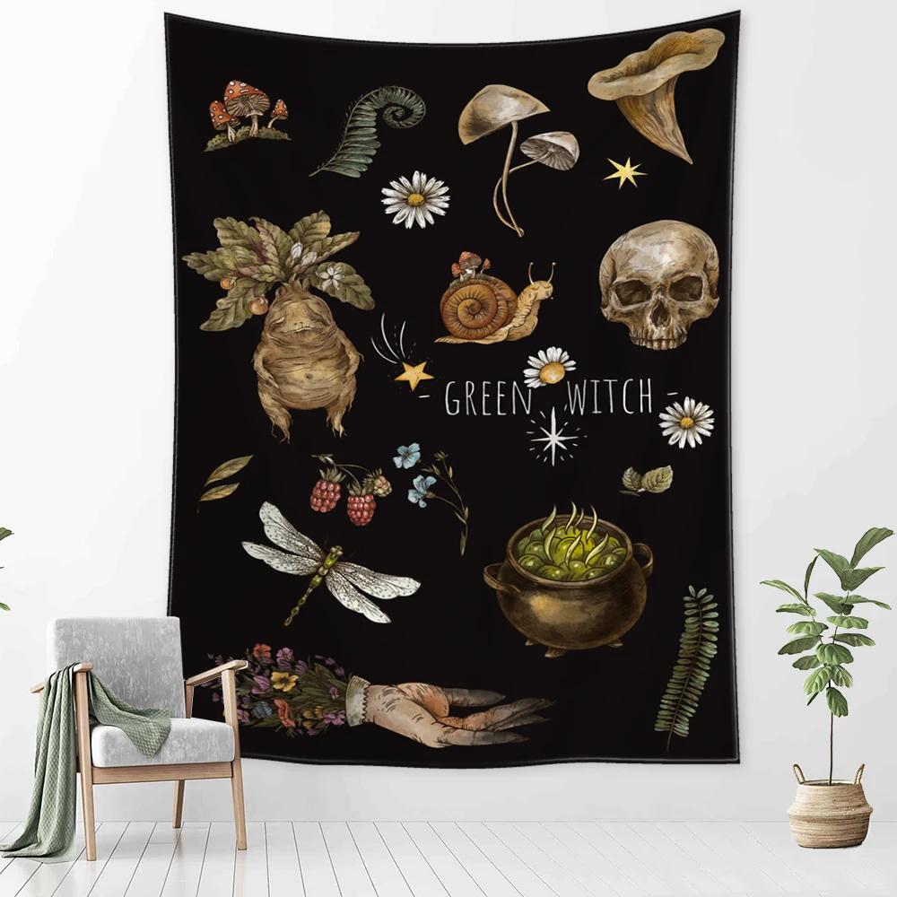 Vintage Magic Mushroom Tapestry Wall Hanging Witch Hand Mural Botanical Mystery Boho Hippie Home Decor