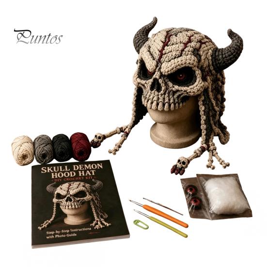 DIY Animal Hood Hat Halloween Crochet Kit, Skull Spider Bat Beginner Friendly Yarn Kit Spooky Pumpkin Earflap Craft for Adults Teens, Autumn