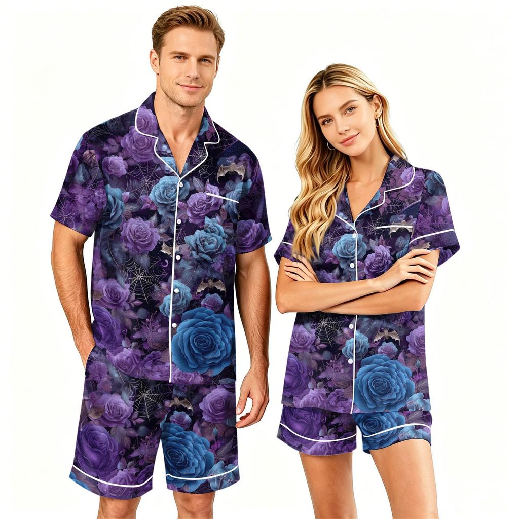 Couple Halloween Pajama Set Short Sleeve Button Down Shirt with Shorts Soft Casual Sleepwear S-XXXXL Matching Outfits for Men and Women
