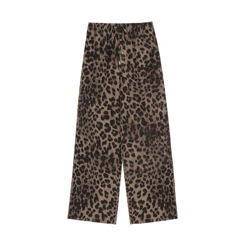 

Leopard Print Wide Leg Pants – Loose Fit Flowy Straight Trousers Airy Long Pants for Women XS коричневый