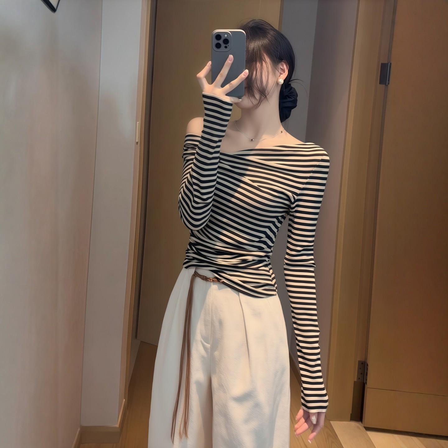 Spring 2026 Women s Striped One-Shoulder T-shirt: Irregular Long Sleeve Off-the-Shoulder Top for Autumn/Winter Small