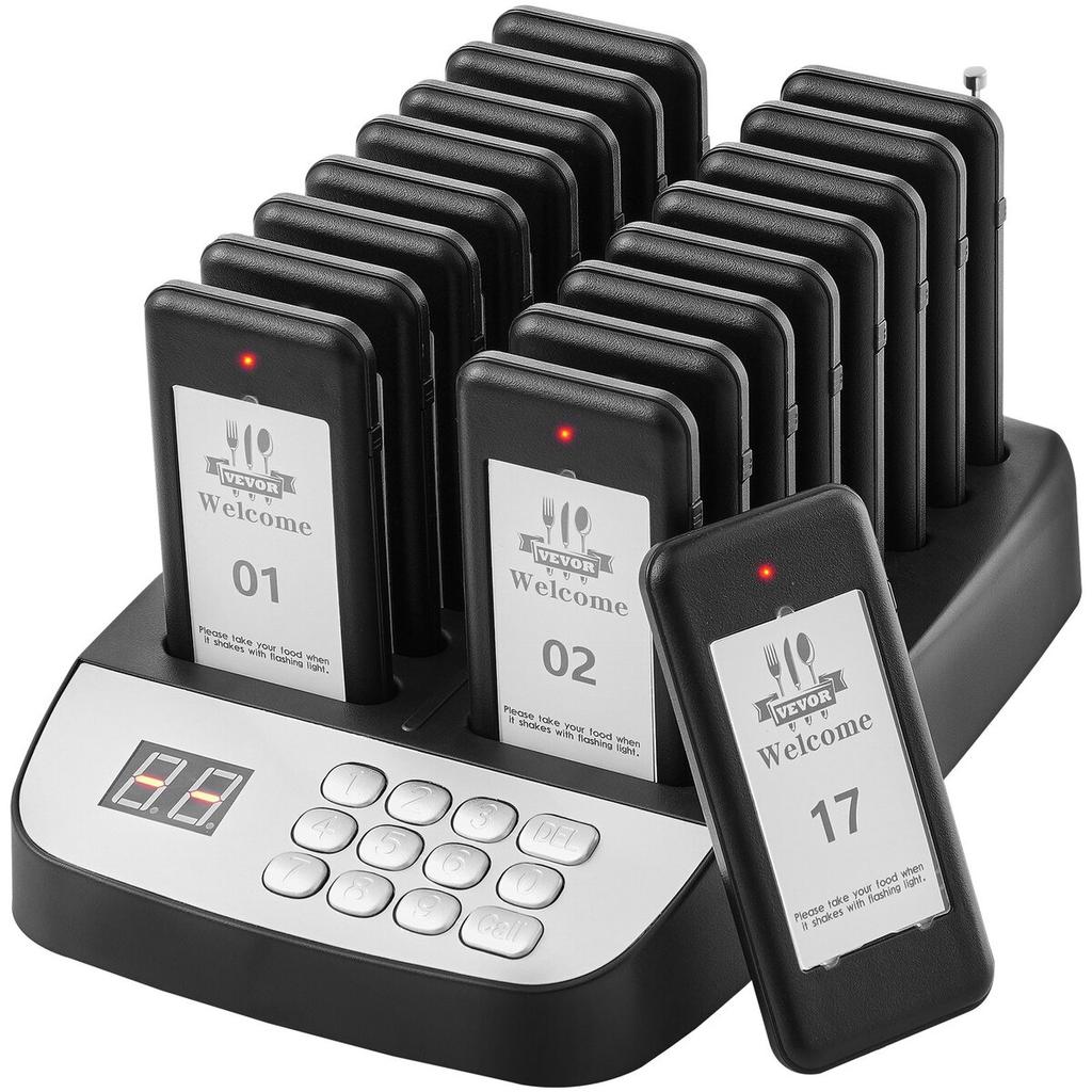 Restaurant-Pager-System, Kabellos 500m Reichweite Aufstell-Warteschlangen-Signal, Gäste-Kunden-Ruf-Piepser mit Vibration & Blinken, 16 Piepser