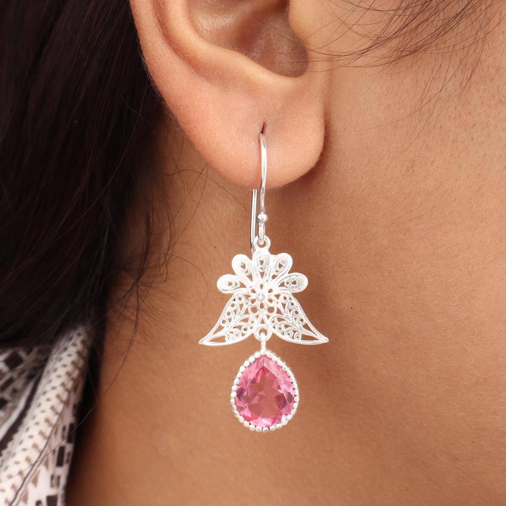 Natural Pink Tourmaline Gemstone 925 Stamped Silver Handmade Jewelry Partywear Hook Earrings 1.84" For Wedding CE-23-5
