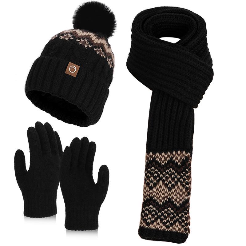 Winter knitted wool hat women's fashion hat scarf gloves three-piece set fleece cold-proof warm ear protector pullover hat