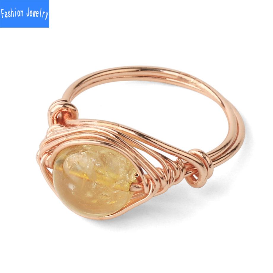 Mit Draht umwickelter runder natürlicher Kristallring, Amethyst-Rosenquarz-Reiki-Heilstein