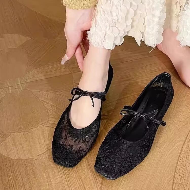 Breathable Lace Mesh Single Shoes 2026 Spring and Summer New Flat Women's Shoes Bow Light Mouth Mary Jane Shoes