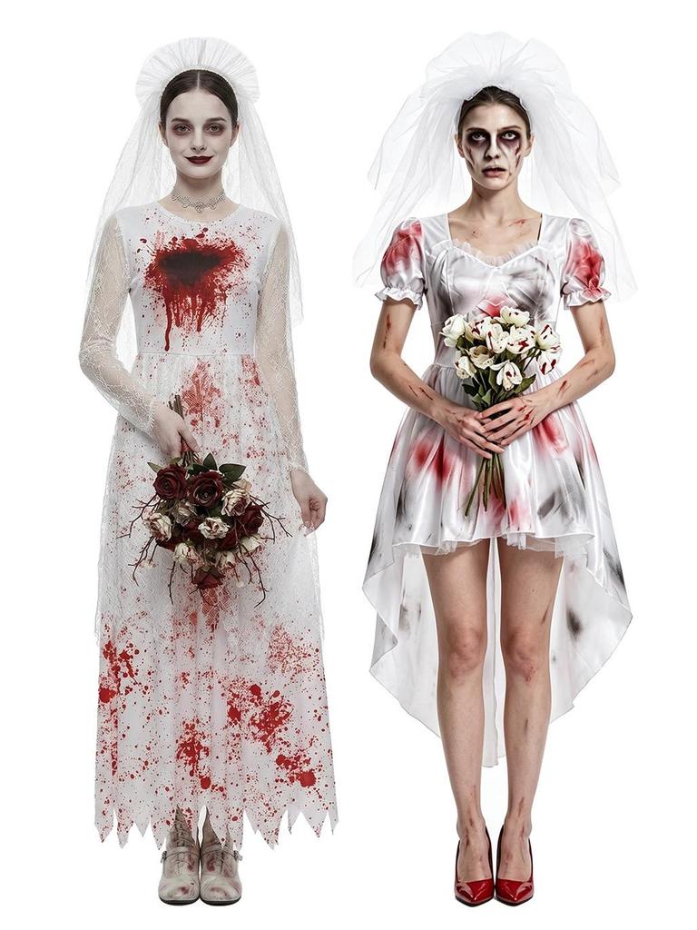 Halloween Ghost Bride Scary Bloody Zombie Wedding Dress Costume