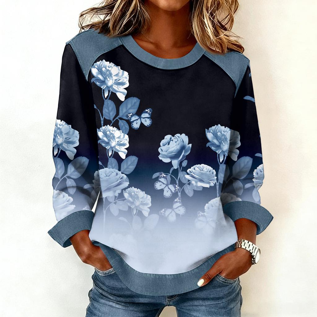 Dames sweatshirt met denim kraag en patchworkstiksels, casual trui met lange mouwen.