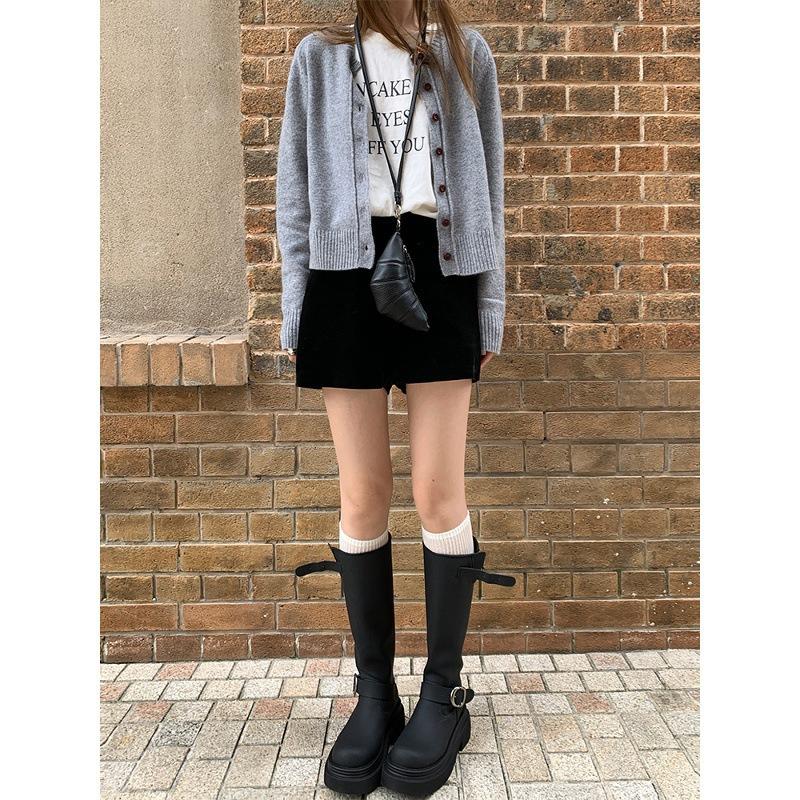 Aber Kniestiefel Damen 2025 neu runde Spitze vielseitig dicke Sohle erhöhend schwarz hoch Ritterstiefel