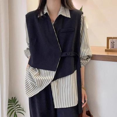 Lente Herfst Nieuwe Fake Twee Stukken Blouse Vrouwen POLO Kraag Mode Lange Mouw Pullovers Elegant Gestreept Patchwork Losse Tops