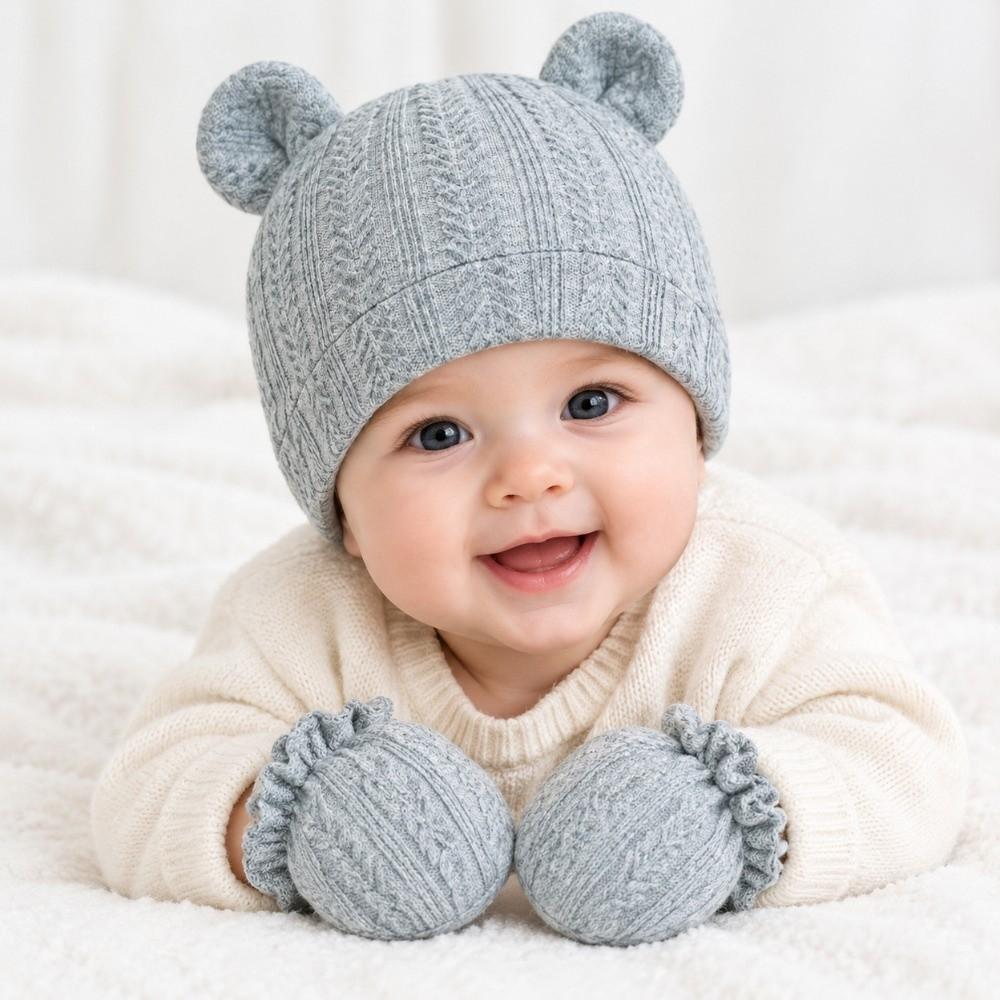 Knitted Bear Ear Earflap Hat Ear Protection Baby Hat Glove Set Fashion Children's Winter Hat  Girls