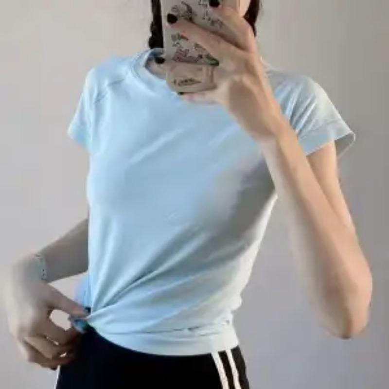 Women Light Blue Ribbed Round Neck Short Sleeve Athletic T Shirt S синий