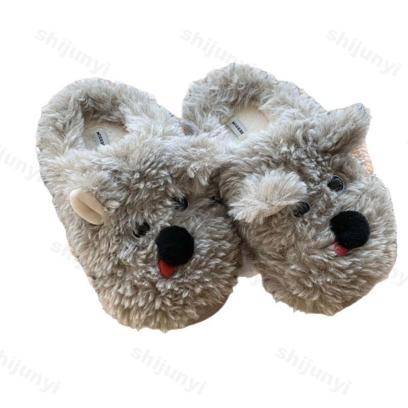 Fashion Winter Womens Cotton Slippers Cartoon Dog Couple Non-Slip Warm Indoor Home Slippers Plush Fluffy Comfortable Floor Slippers