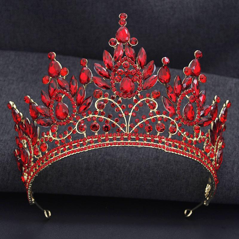 Königliche Königin Hochzeitskrone für Frauen Große Rote Kristall Bankett Tiara Kopfschmuck Brautparty Kostüm Haarschmuck Accessoires red