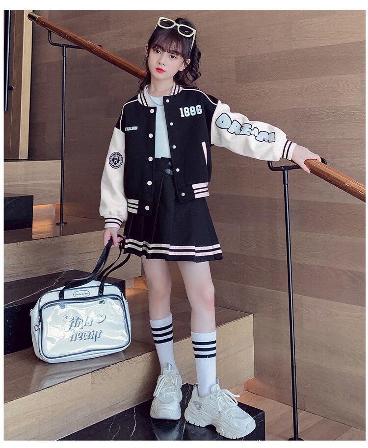 2024 Mädchen Koreanischer Stil Baseballjacke & Plisseerock Set - Frühling/Herbst Trendiges Zweiteiler für Große Kinder
