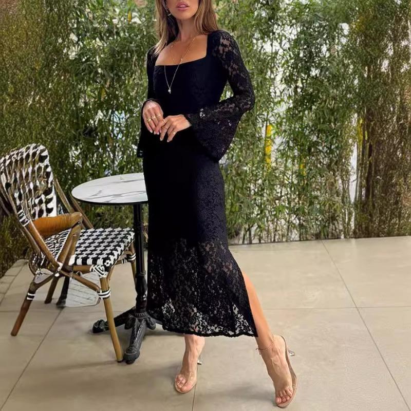 

YYFS Женская мода весна осень однотонный принт длинный рукав квадратный воротник высокая талия повседневные платья XXL чёрный