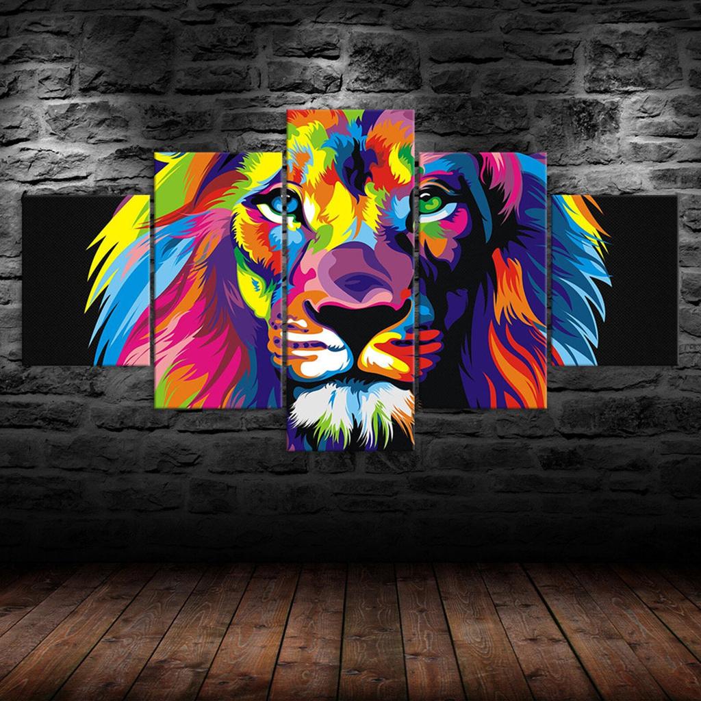 Abstract Lion Colorful Face 5 Piece Five Panel Wall Canvas Print Pictures Modern Art Poster Home Decor Gift For Him For Her