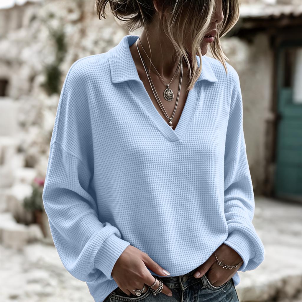 Women's Casual V-Neck Long Sleeve Loose Fit Pullover Top for Everyday Wear