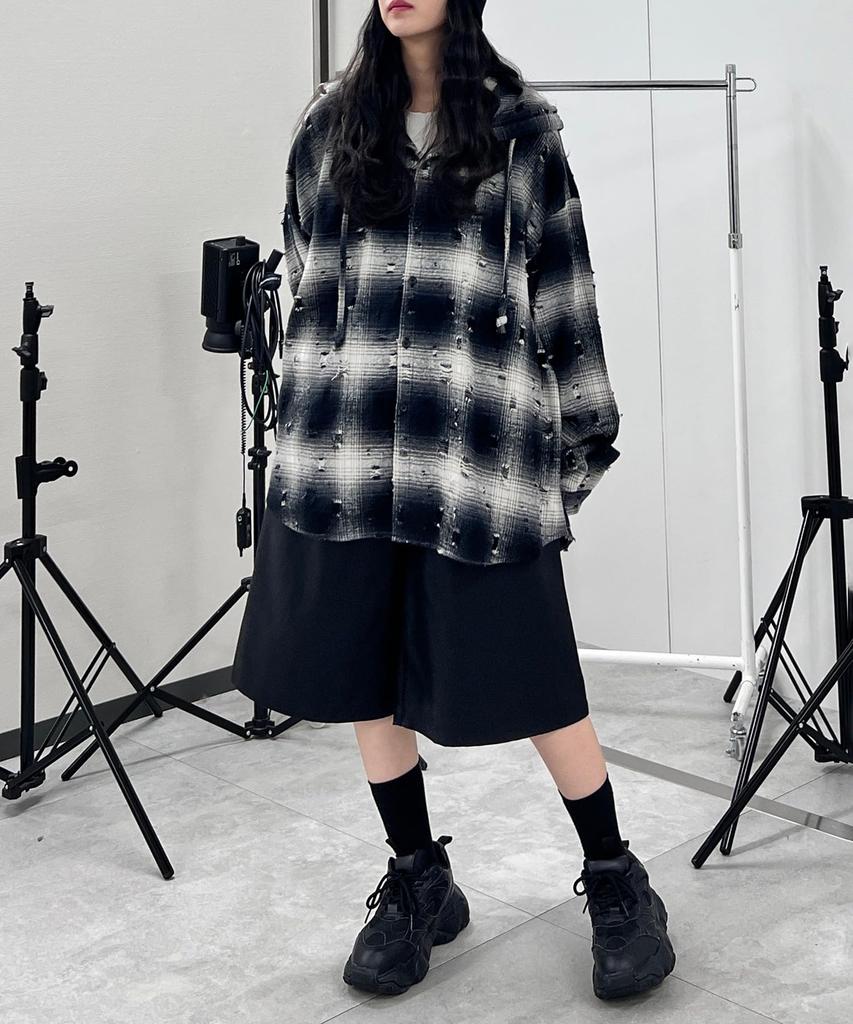 WEGO Figments Distressed Hooded Check Long Sleeve Size Black Shirt, Streetwear, Shirt, Gift, Women's, F,