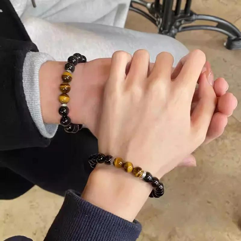 2026 New Obsidian Tiger Eye Stone Bead Bracelet Good Luck Crystal Transfer Bead Senior Couple Handstring Commemorative Token