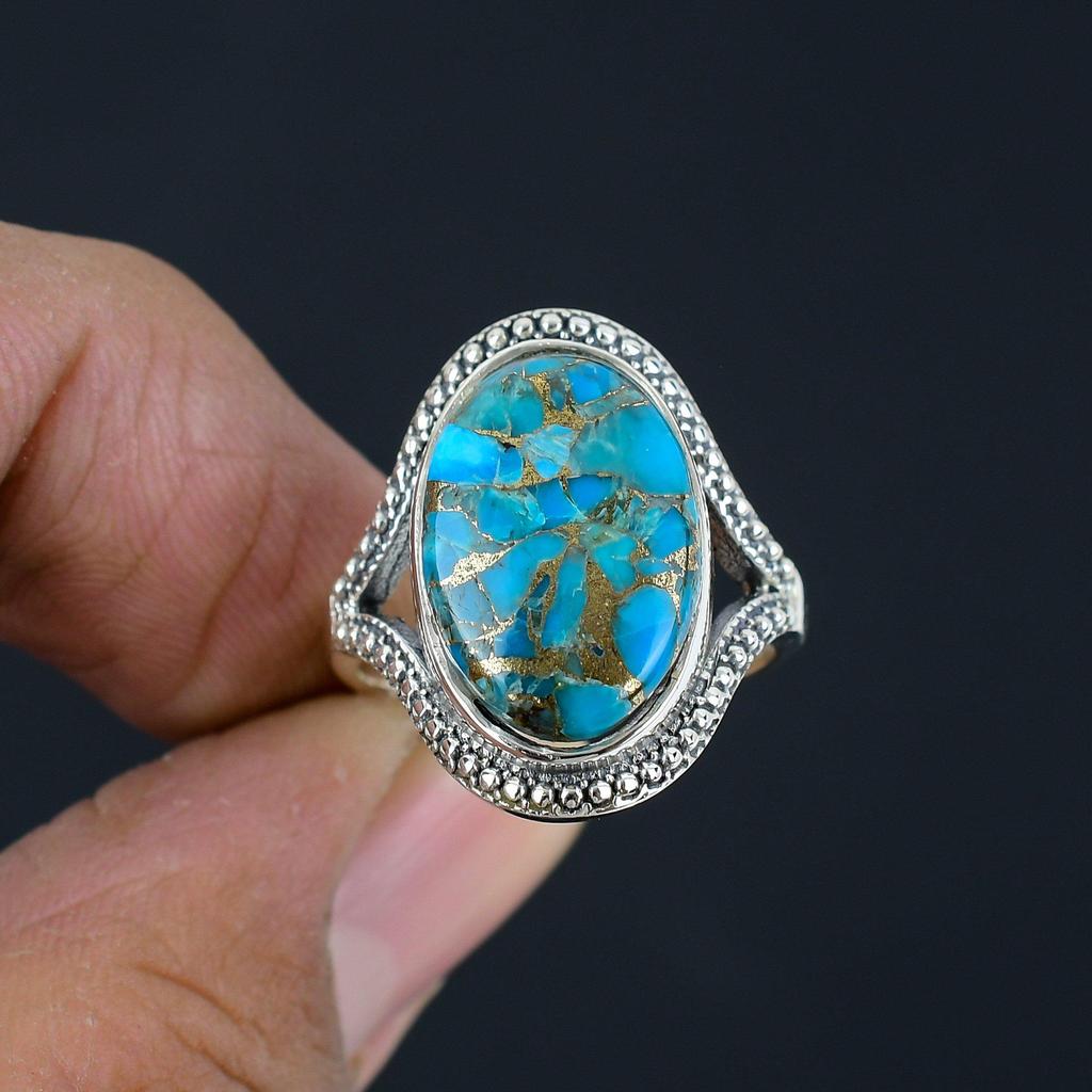 Naturlig koppar turkos ädelsten 925 sterling silver ögonformad ring för kvinnor och flickor