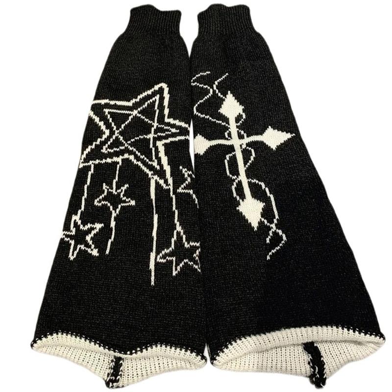 Gothic Women Leg Warmers Harajuku Punk Star Crosses Pattern Flared Knitted Foot Cover Winter Warm Long Socks Streetwear