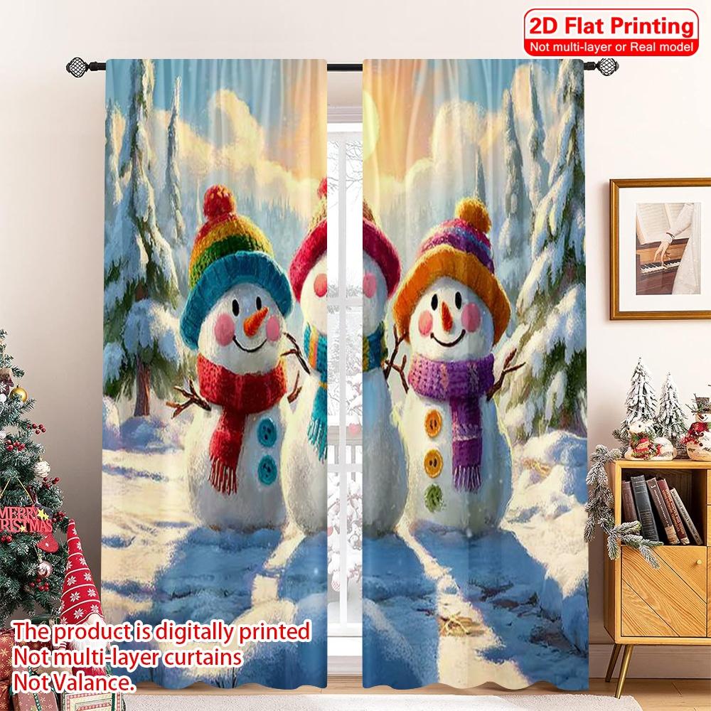 

Set Of 2 Flat Printing Christmas Window Drapes Charming Snowmen Polyester Without Electricity Festive Holiday Perfect Curtain Made W100*H70(CM)-Grommet top&1PCS