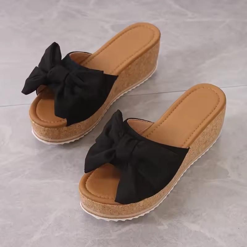 European and American Plus Size Butterfly Bow Slippers for Women, Leopard Print Fabric, Sloping Heel Sandals for Women