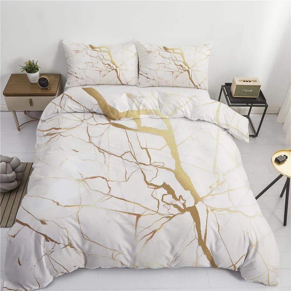 Conjunto de Cama de Luxo Mármore Branco e Dourado Tamanho Casal King Simples Marmorizado Conjunto de Capa de Edredom com Fronha Decoração Moderna para Quarto Conjunto de Cama