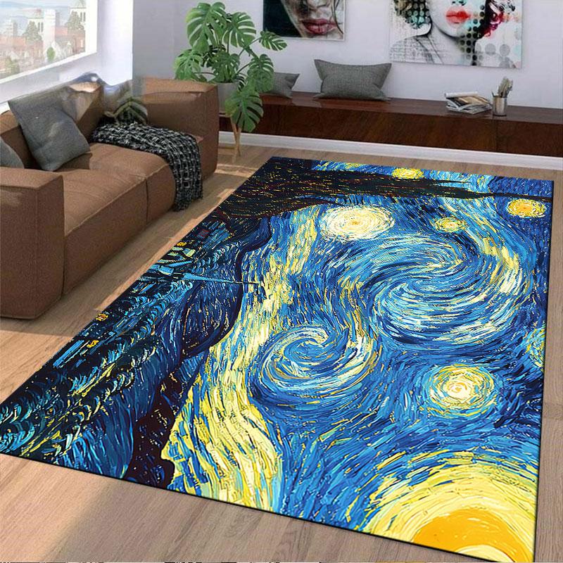 Starry Night-Inspired Art Rug suitable as a non-slip mat for the living room or bedroom sofa